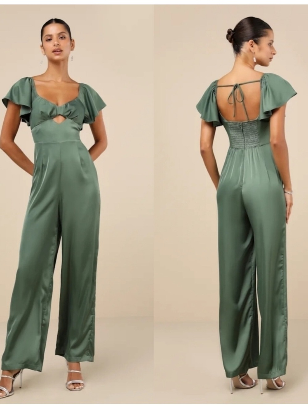 New Lulu's Amazing Perfection Dark Sage Green Satin Flutter Sleeve Jumpsuit Med
